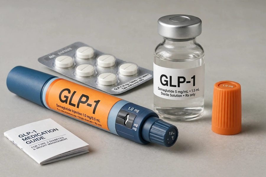 GLP-1 medication injection pen and vial