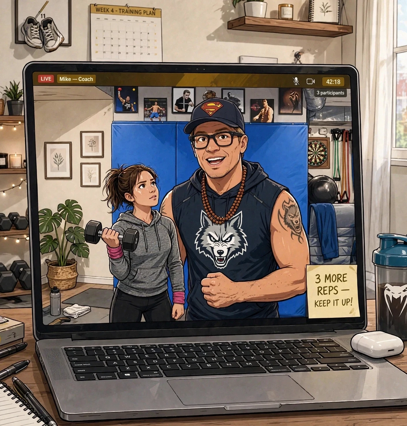 Bare-handed cartoon Mike Almocera in a wolf-logo sleeveless hoodie and Superman cap coaching a live laptop workout