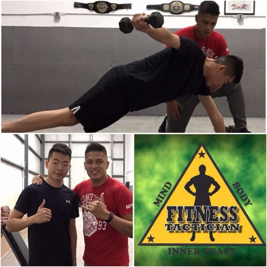 Coach Mike training a young client, collage with Fitness Tactician logo