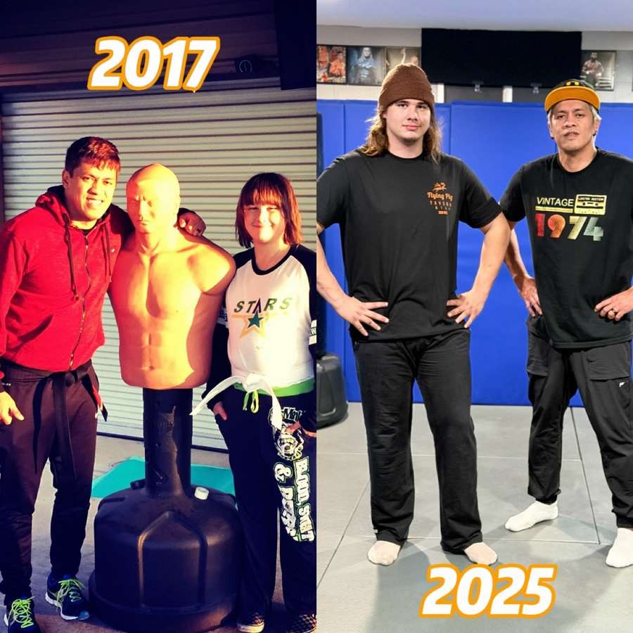 Coach Mike with a student in 2017 and grown up in 2025