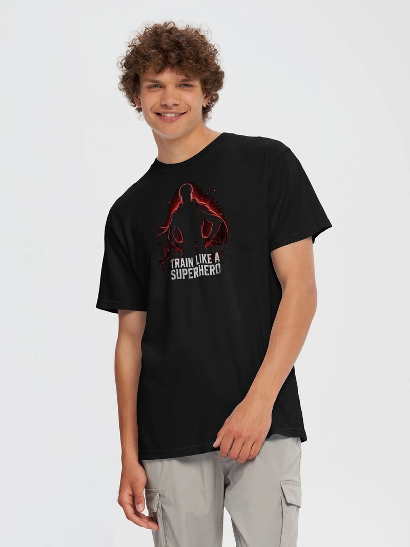 Model wearing the Train Like a Superhero - Men's shirt