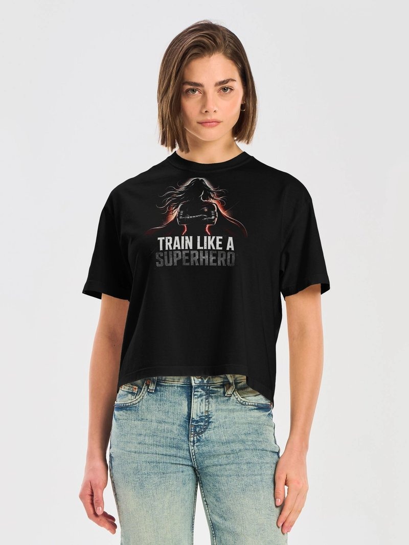 Model wearing the Train Like a Superhero - Women's shirt